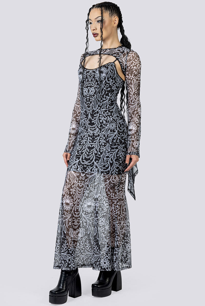 Mourning Spell Mesh Maxi Dress Side Goth Wear