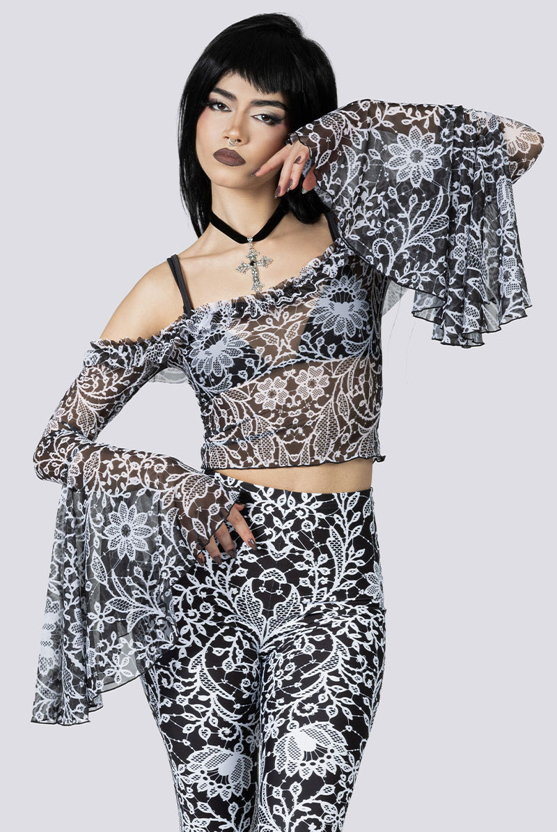 Mourning Spell Sheer Off Shoulder Top Close Up Front Goth Wear