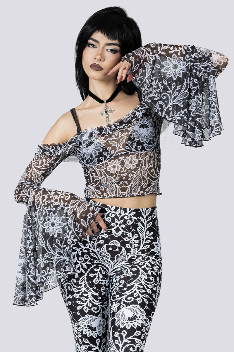 Mourning Spell Sheer Off Shoulder Top Close Up Front Goth Wear