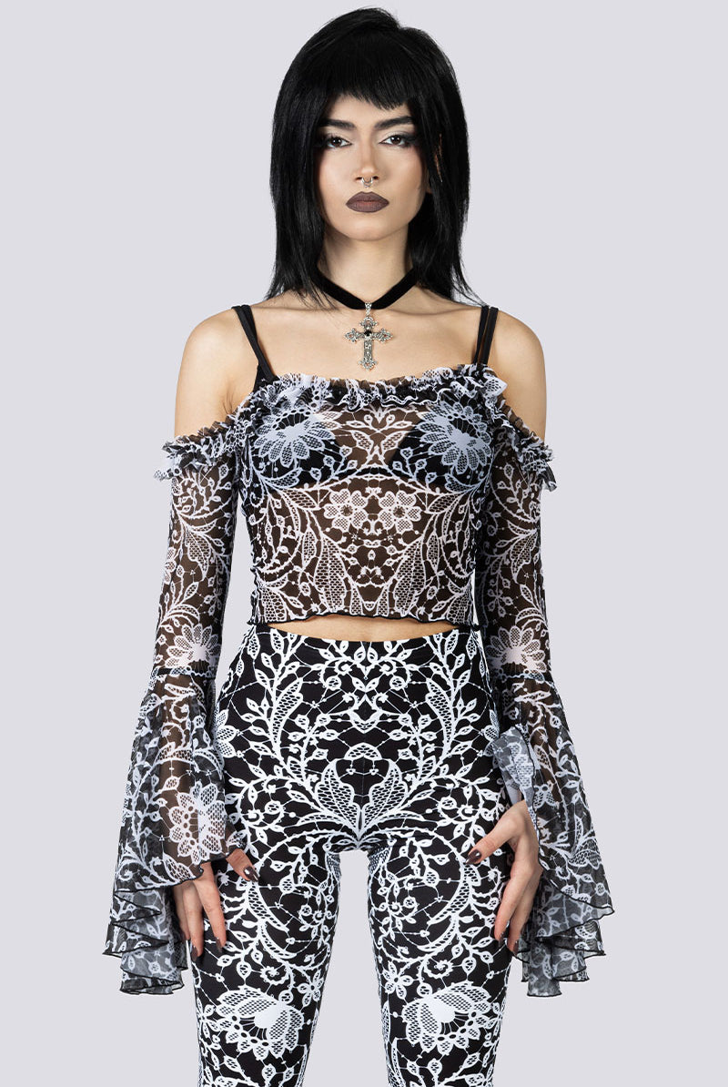 Mourning Spell Sheer Off Shoulder Top Close Up Goth Clothing