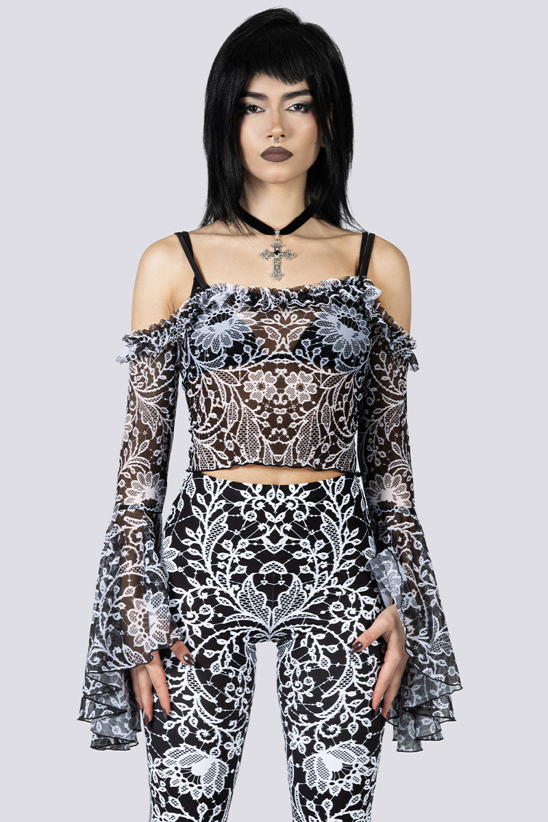 Mourning Spell Sheer Off Shoulder Top Close Up Goth Clothing