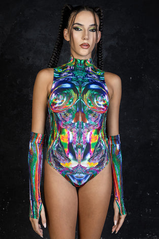 Rave Outfit Multichrome Skin Sleeveless Bodysuit Front View