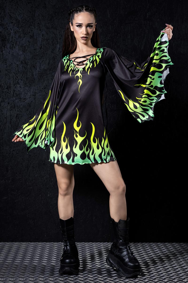 Neon Fire Dance Bell Sleeve Dress Full View