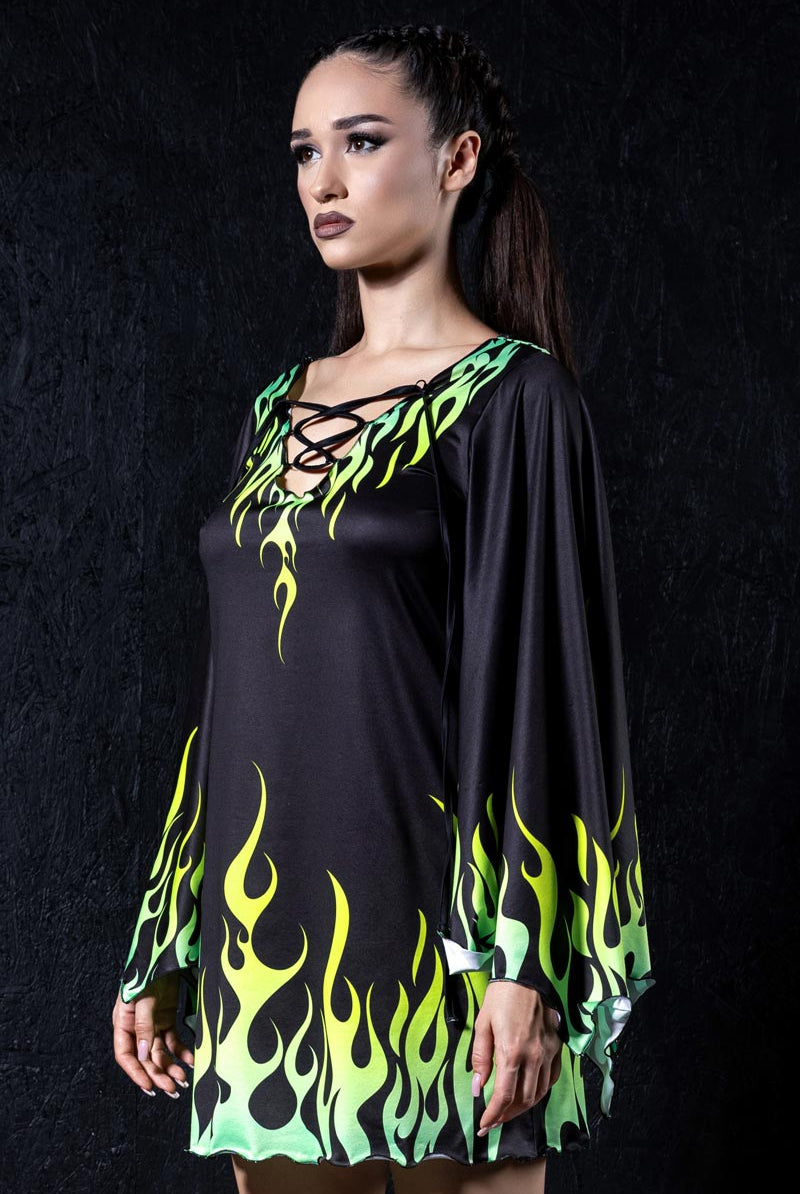 Neon Fire Dance Bell Sleeve Dress Side View