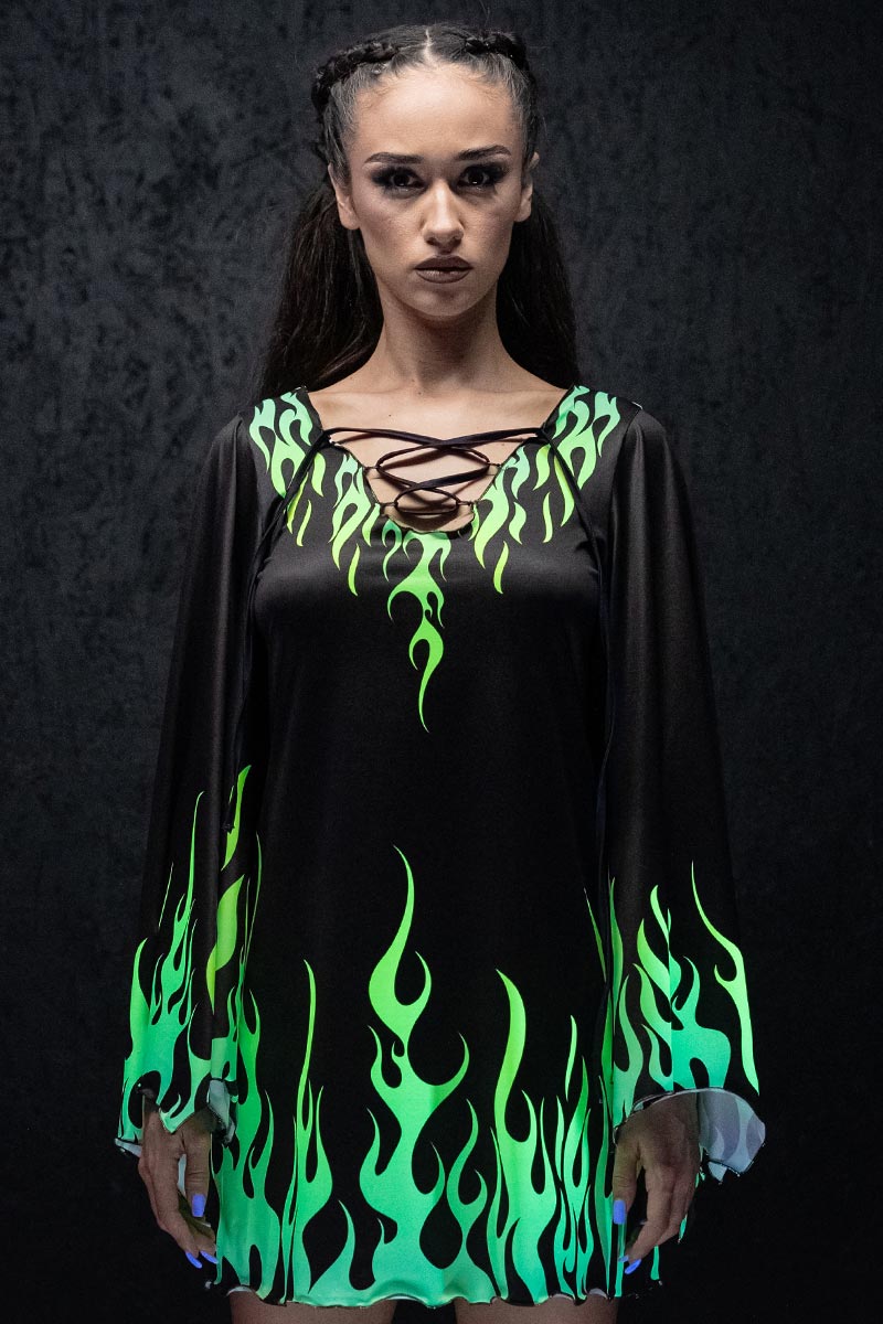 Neon Fire Dance Bell Sleeve Dress UV Front View