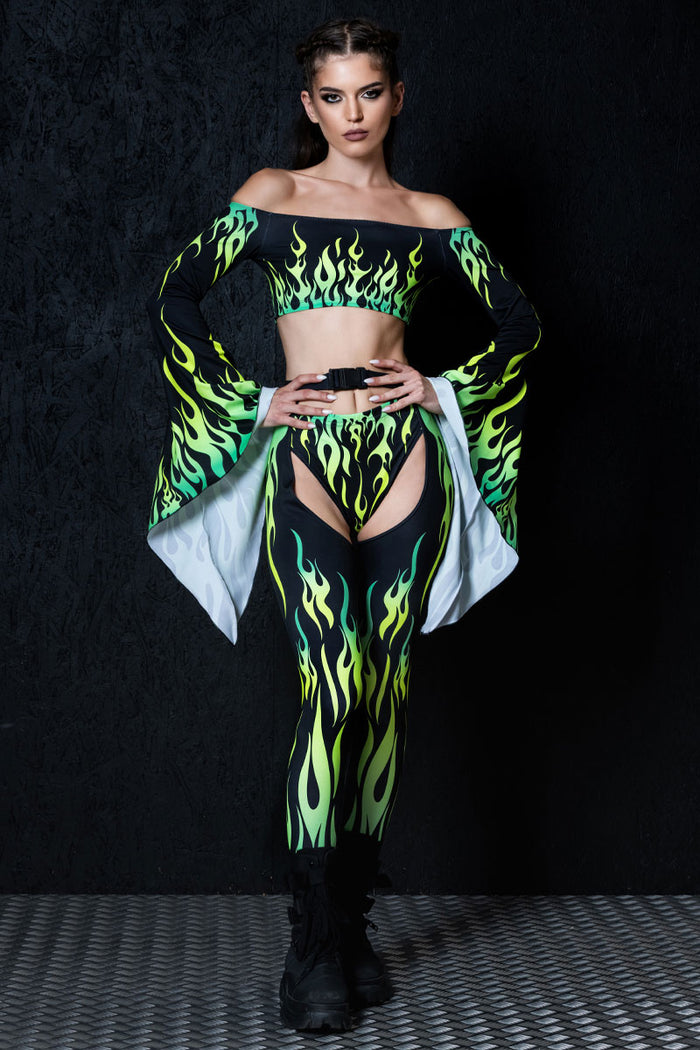 Rave Outfit Neon Fire Dance Chaps Pants Set Front View