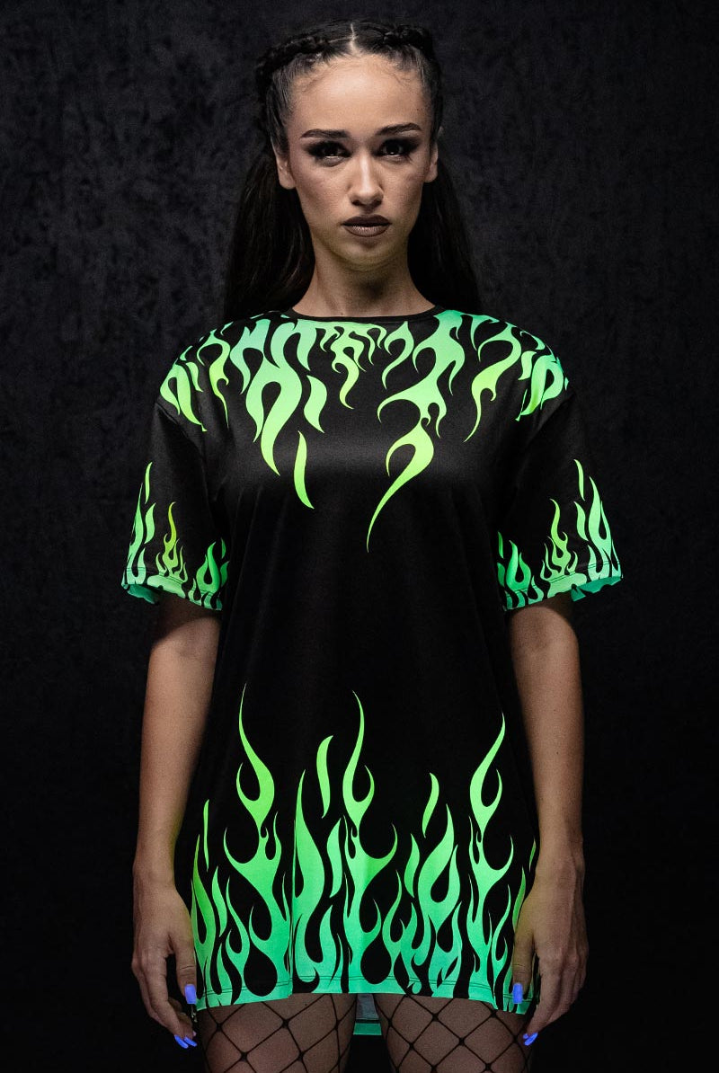 Neon Fire Dance Oversized Tee Dress UV Front View