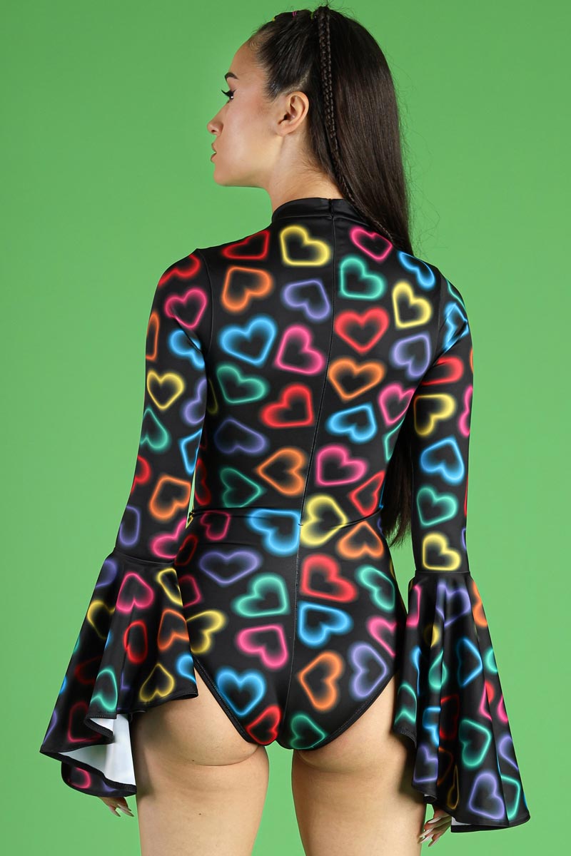 Neon Hearts Bell Sleeve Cut Out Bodysuit - Rave Outfit | Devil Walking