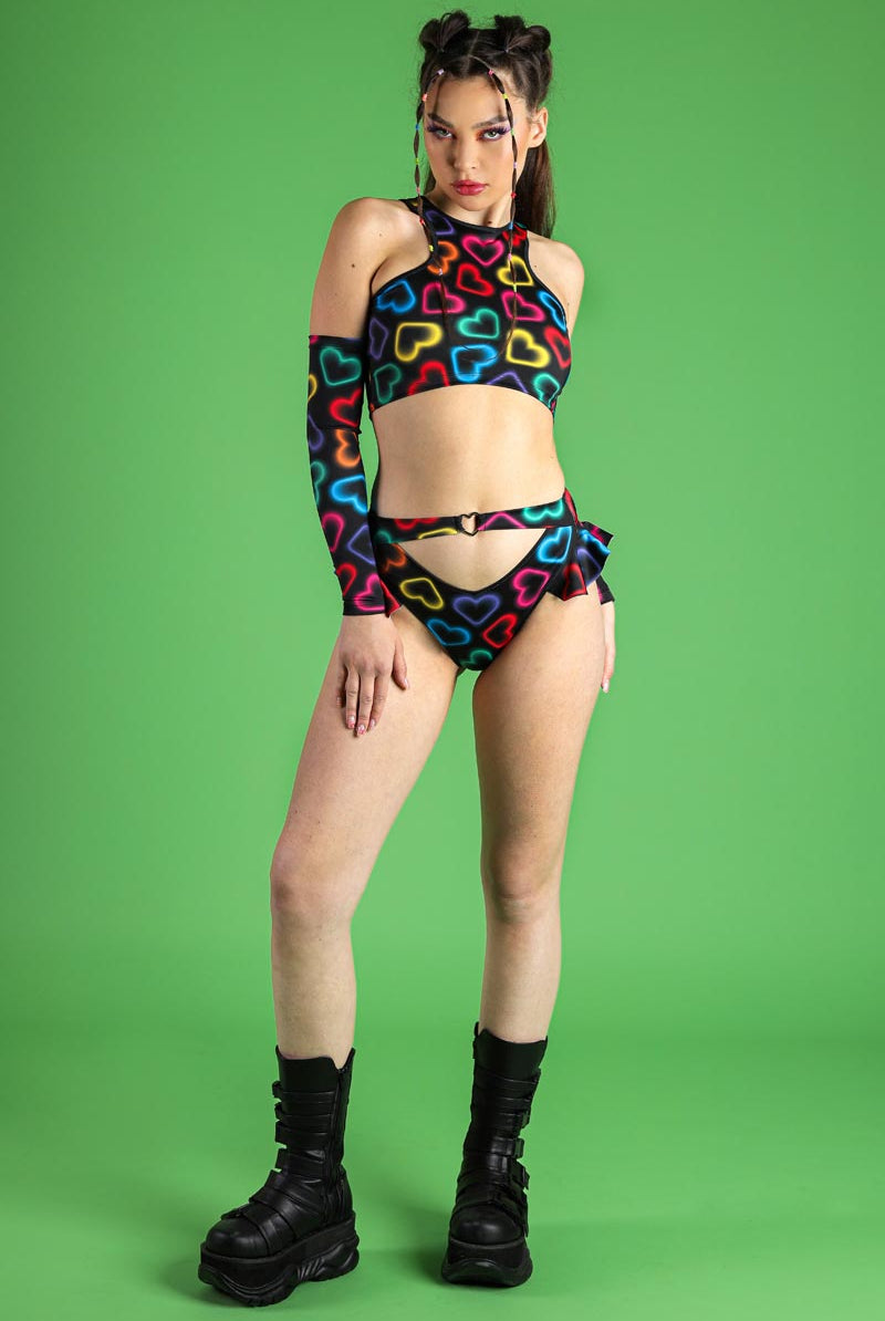 Neon Hearts Cut Out Ruffle Shorts Set Full View