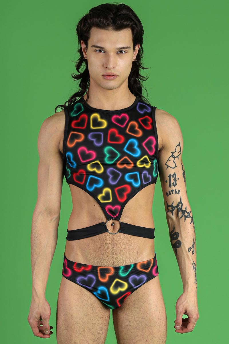 Neon Hearts Men's O-Ring Cut Out Crop Top