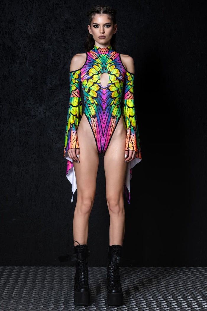Rave Outfit Neon Nymph Cut Out Flare Sleeve Thong Bodysuit Front View