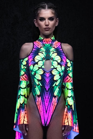 Rave Outfit Neon Nymph Cut Out Flare Sleeve Thong Bodysuit Uv Close View
