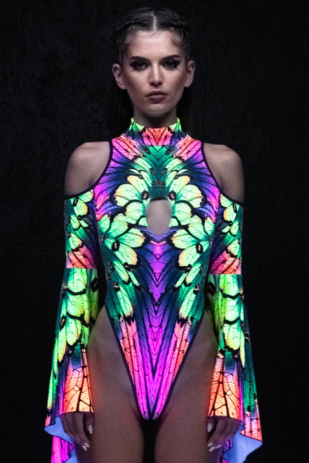 Rave Outfit Neon Nymph Cut Out Flare Sleeve Thong Bodysuit Uv Close View