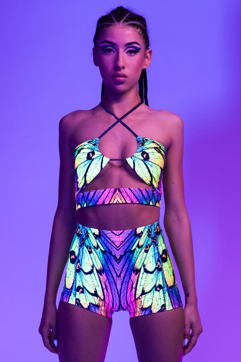 neon-nymph-high-waisted-shorts-front-view-uv