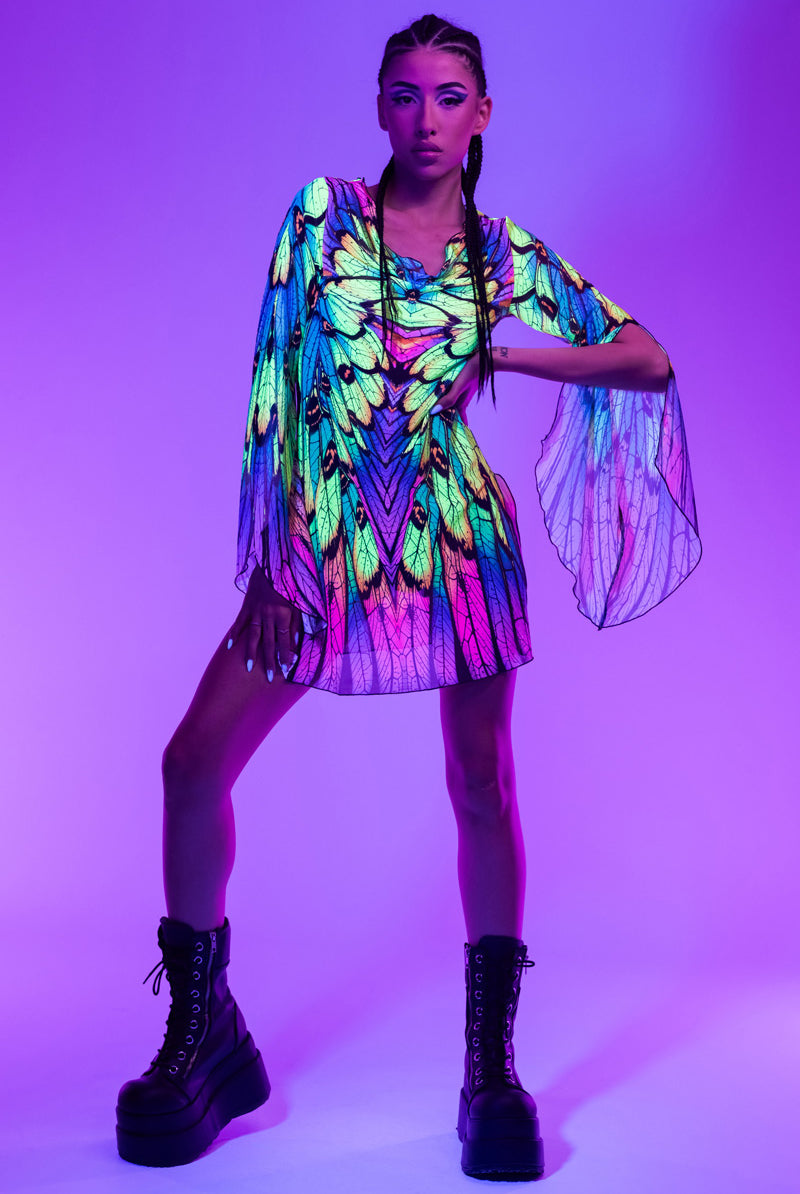 Neon Nymph Mesh Slit Mini Dress Butterfly Rave Outfit for Festivals, S Neon Nymph Mesh Slit Mini Dress Butterfly Rave Outfit for Festivals, S