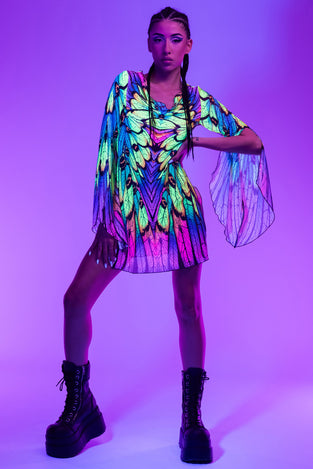 Rave Outfit Neon Nymph Mesh Slit Mini Dress Front View Uv