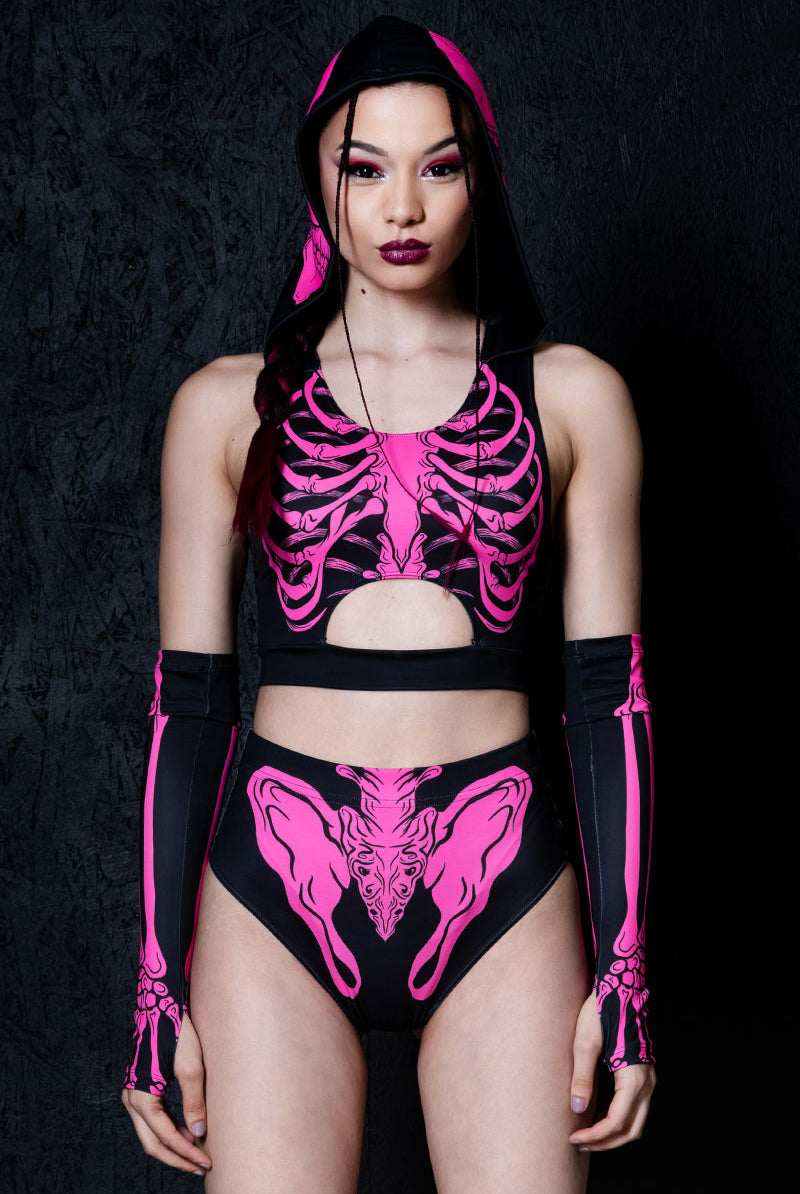 Neon Pink Skeleton Booty Shorts Front View