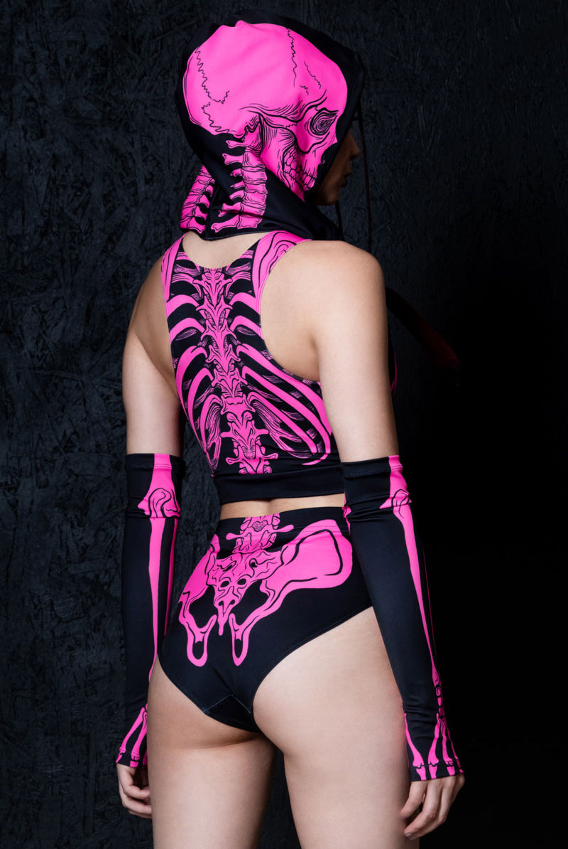 Neon Pink Skeleton Booty Shorts Set Back View