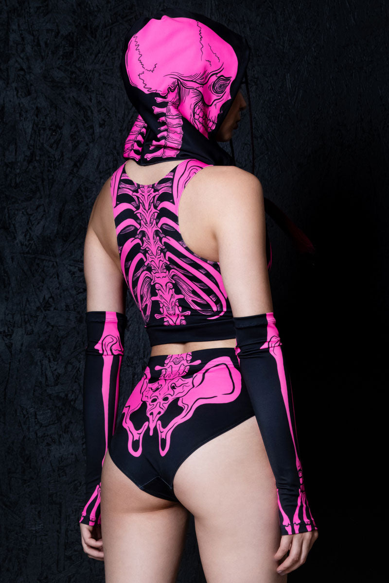 Neon Pink Skeleton Booty Shorts Set Back View