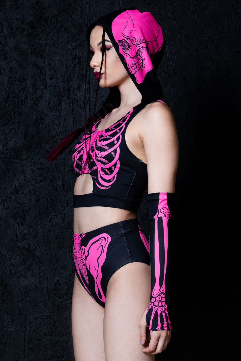 Neon Pink Skeleton Booty Shorts Set Side View