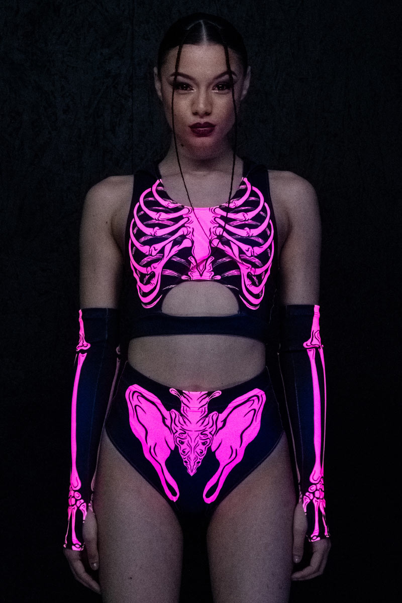 Neon Pink Skeleton Booty Shorts Set UV Front View