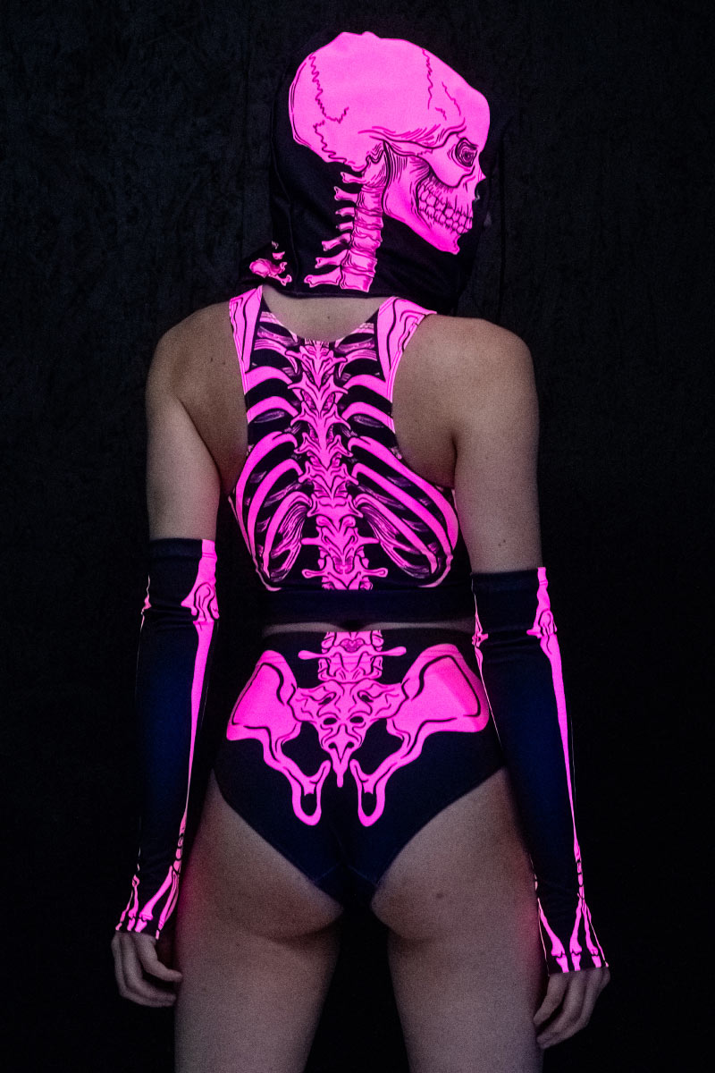 Neon Pink Skeleton Booty Shorts UV Back View