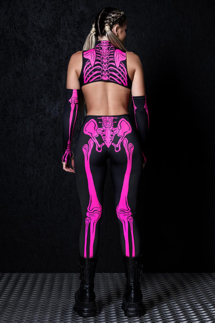 Rave Outfit Neon Pink Skeleton Cut Out Catsuit Back View