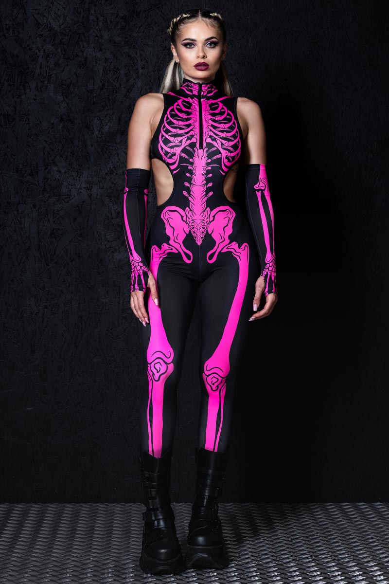 Neon Pink Skeleton Cut Out Catsuit Front View