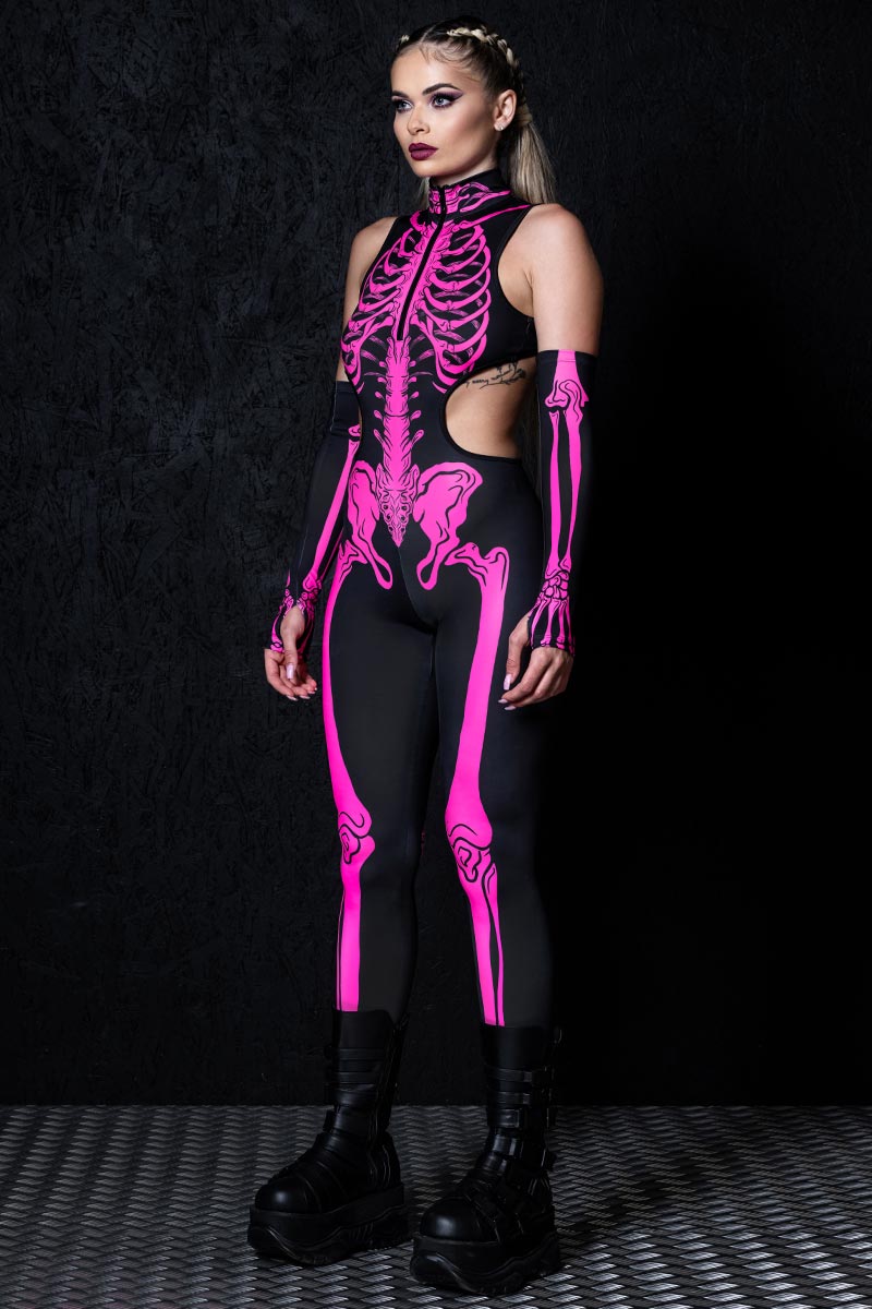 Neon Pink Skeleton Cut Out Catsuit Side View