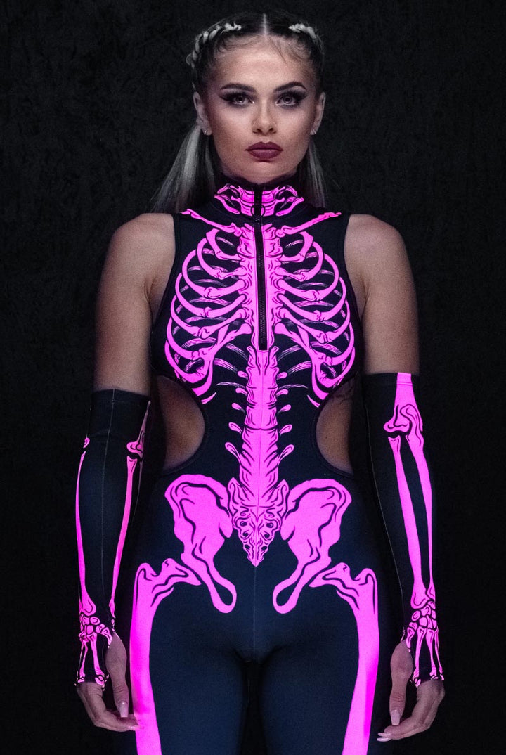 Neon Pink Skeleton Cut Out Catsuit Halloween Costume Devil Walking neon-pink-skeleton-cut-out-catsuit-halloween-costume-devil-walking