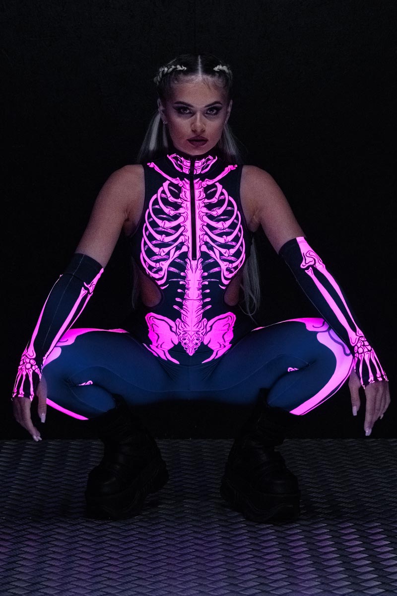 Neon Pink Skeleton Cut Out Catsuit UV Front View