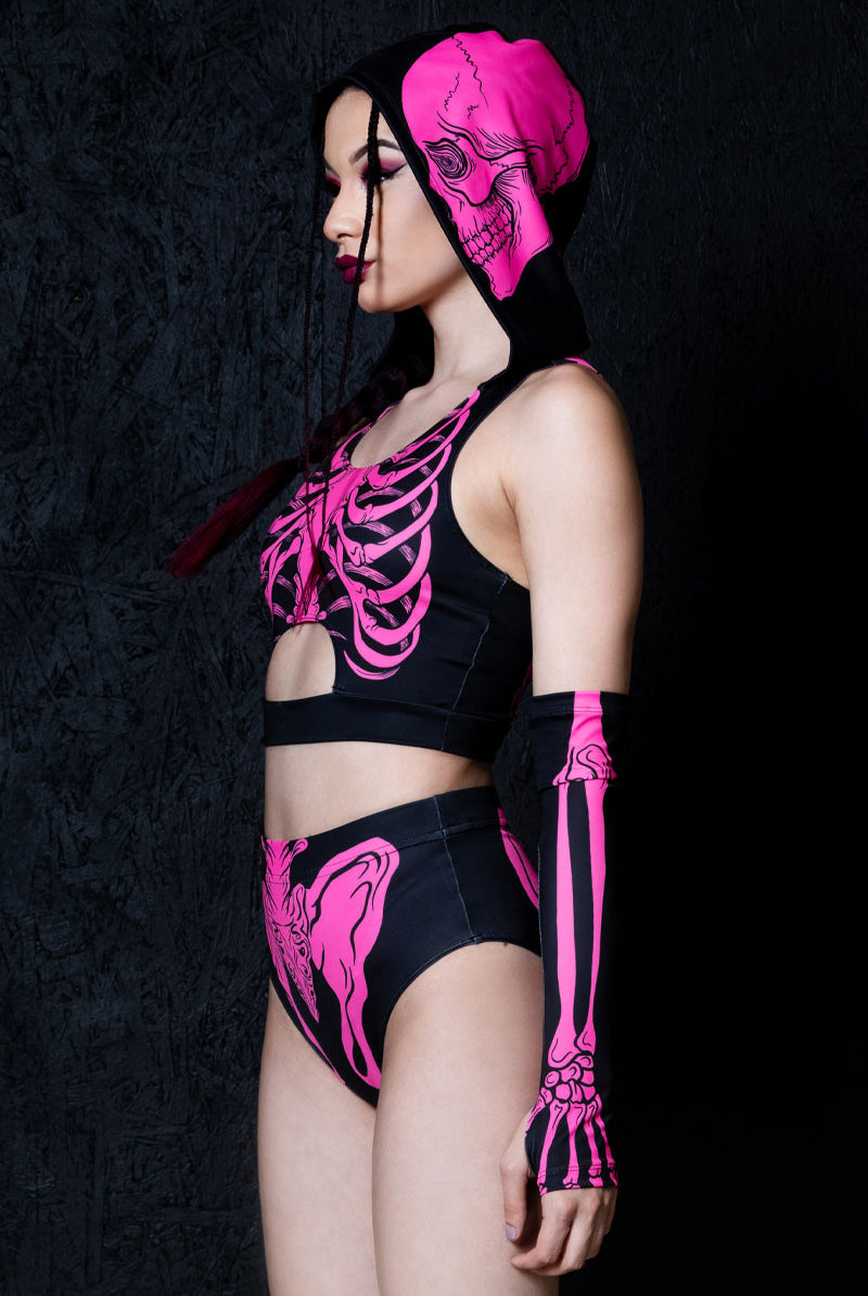 Neon Pink Skeleton Hooded Cut Out Crop Top Side View