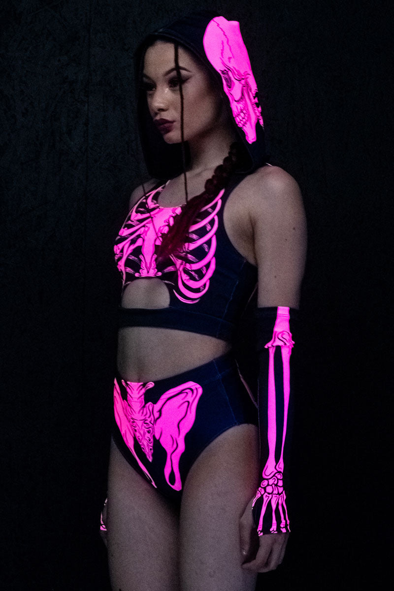 Neon Pink Skeleton Hooded Cut Out Crop Top UV Side View