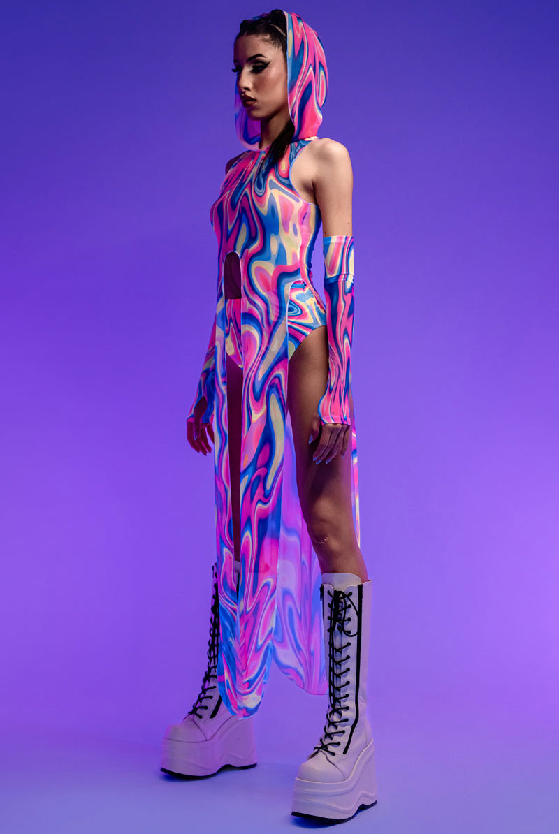 Neon Sweetness Mesh Hooded Tunic Dress - Rave Outfit