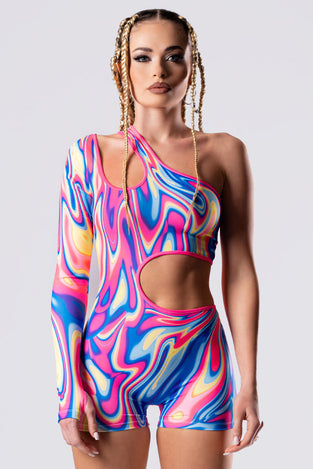 Rave Outfit Neon Sweetness One Shoulder Jumspuit Close Front View