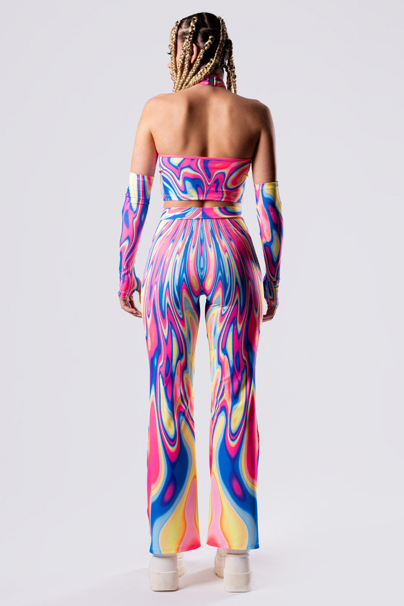 Neon Sweetness Cut Out Belt Flare Pants Set - Rave Outfit