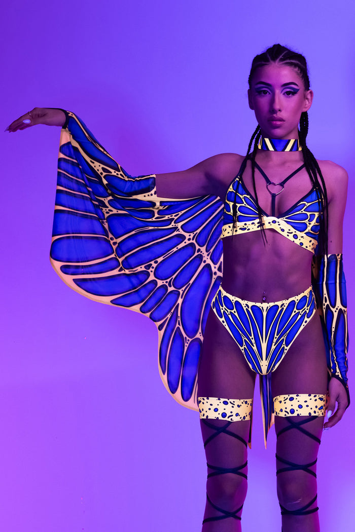 Rave Outfit Nightflame Strappy High Cut Booty Shorts Set Close View Uv