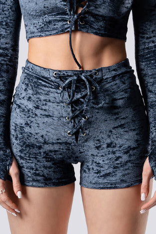Rave Outfit Nightshade Lace Up Shorts Blue Velvet Close Front View
