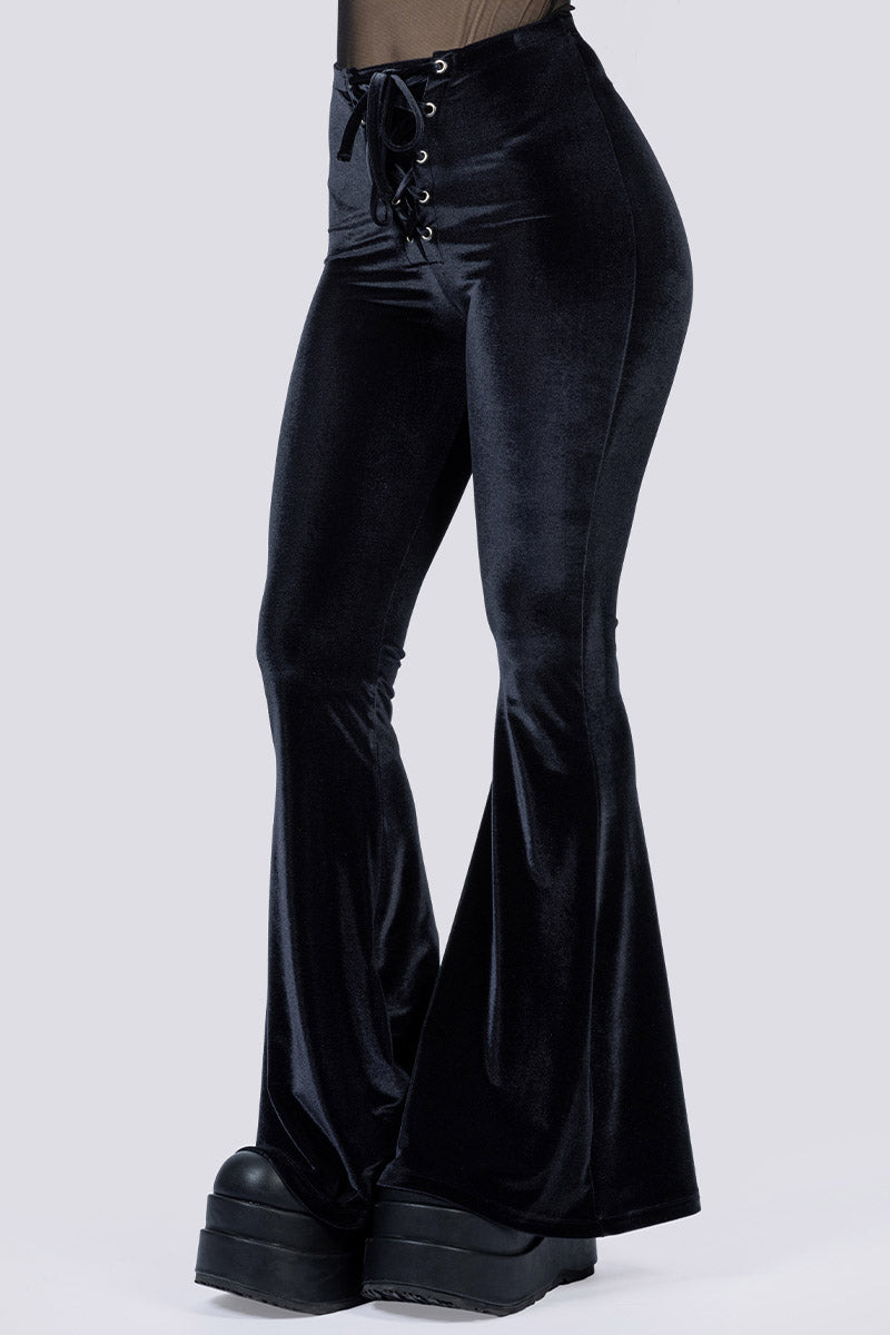 Midnight Crush Lace Up Flare Pants - Black Velvet | Devil Walking