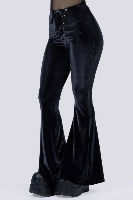 Obsidian Muse Lace Up Flare Pants Close Up Goth Clothing