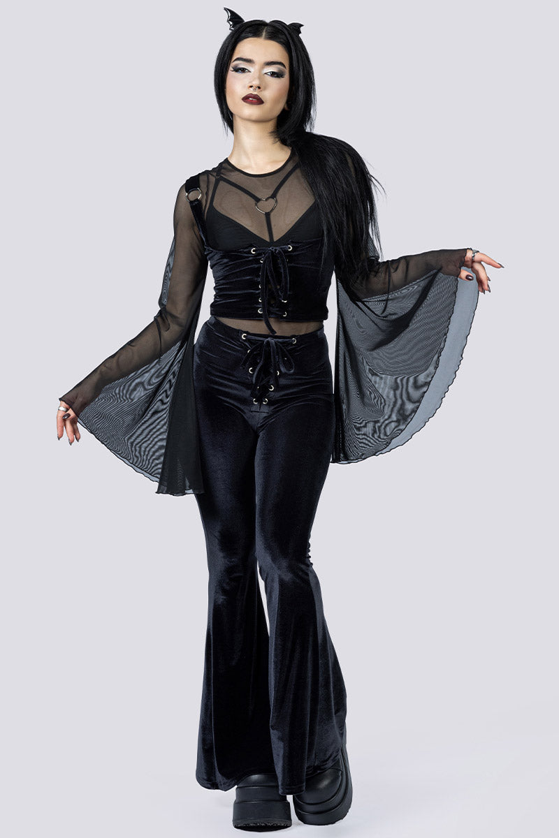 Midnight Crush Lace Up Flare Pants - Black Velvet | Devil Walking
