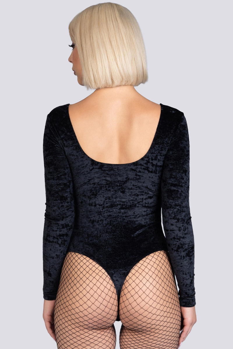 Obsidian Muse Long Sleeve Thong Bodysuit - Black Velvet Dancewear