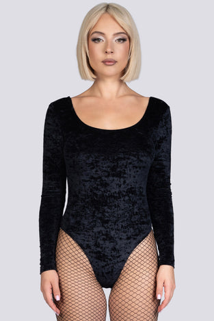 Obsidian Muse Long Sleeve Thong Bodysuit - Black Velvet Stripper Outfit