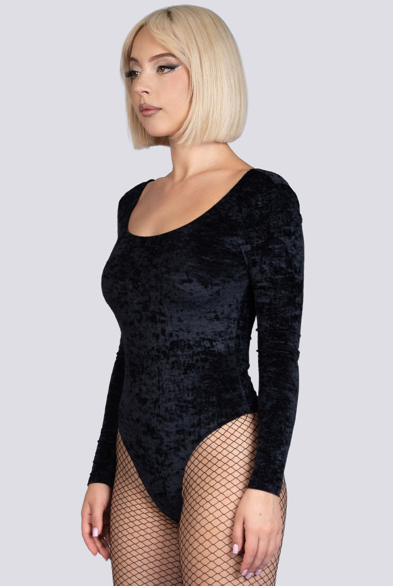 Obsidian Muse Long Sleeve Thong Bodysuit - Black Velvet Pole Wear