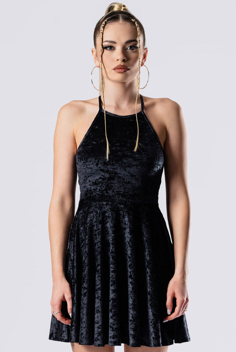 Obsidian Muse Open Back Skater Dress Black Velvet Fit and Flare Dress, M Obsidian Muse Open Back Skater Dress Black Velvet Fit and Flare Dress, M