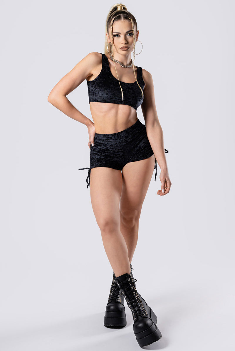 obsidian-muse-tie-side-shorts-set-black-velvet-front-view