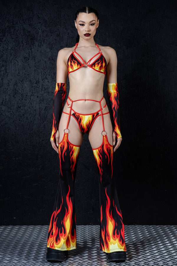 Rave Outfit On Fire Strappy O Ring Chap Pants Set Front View