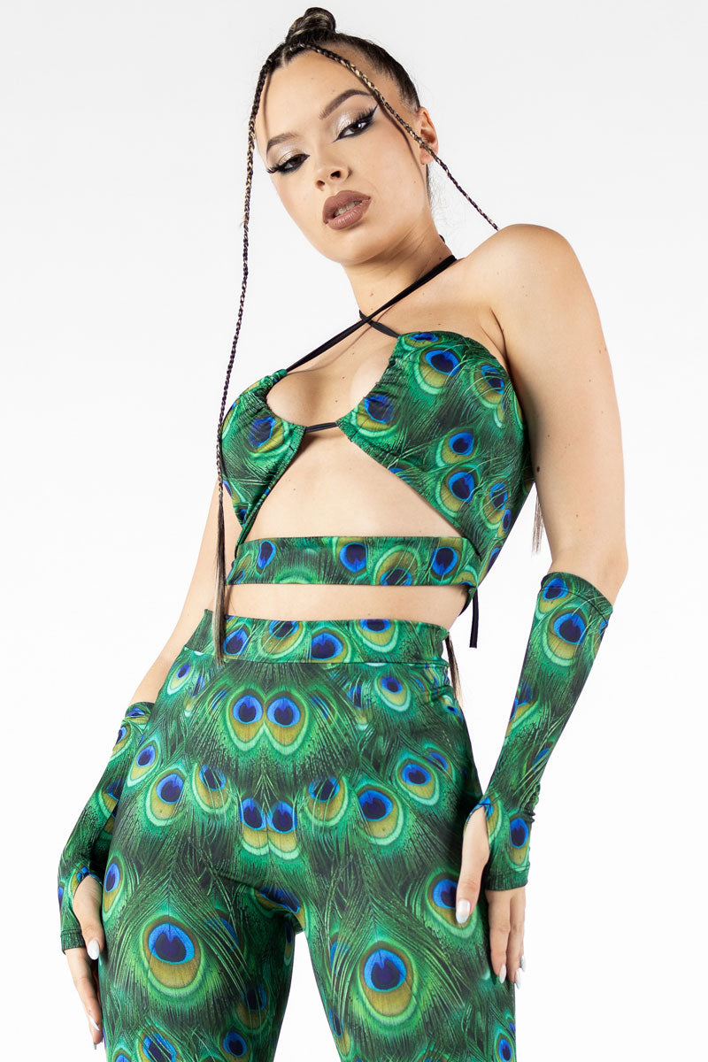 Green Peacock V-String Rave Crop Top with Ties | Devil Walking