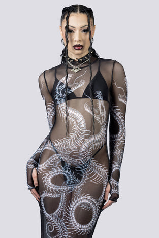 Phantom Serpent Sheer Long Sleeve Dress Close Up Goth Clothing
