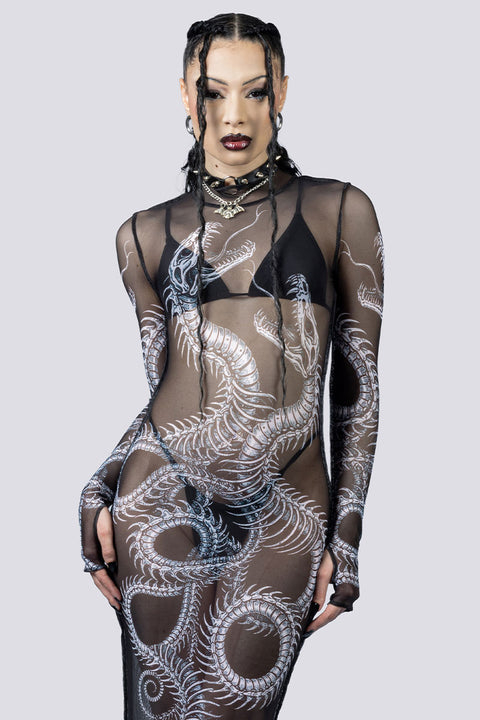 Phantom Serpent Sheer Long Sleeve Dress Close Up Goth Clothing